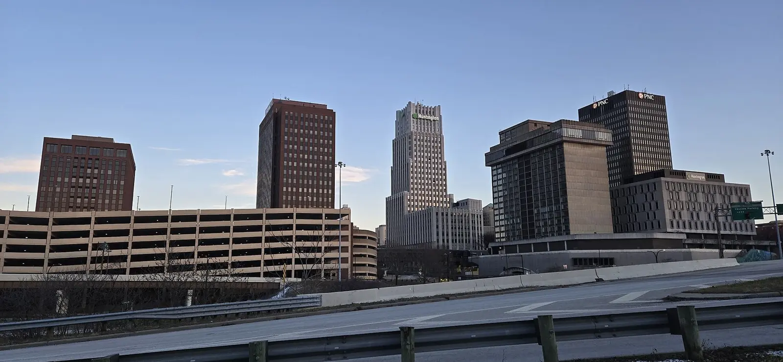 The downtown Akron skyline, which sits across the Little Cuyahoga valley from North Hill